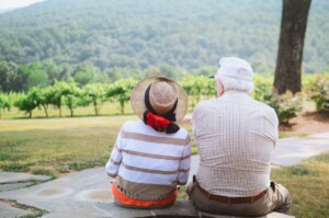 elderly couple looking out at field