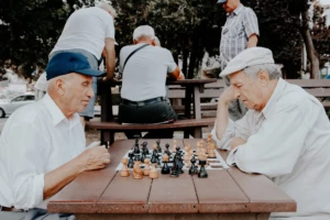 older men playing chess in a park